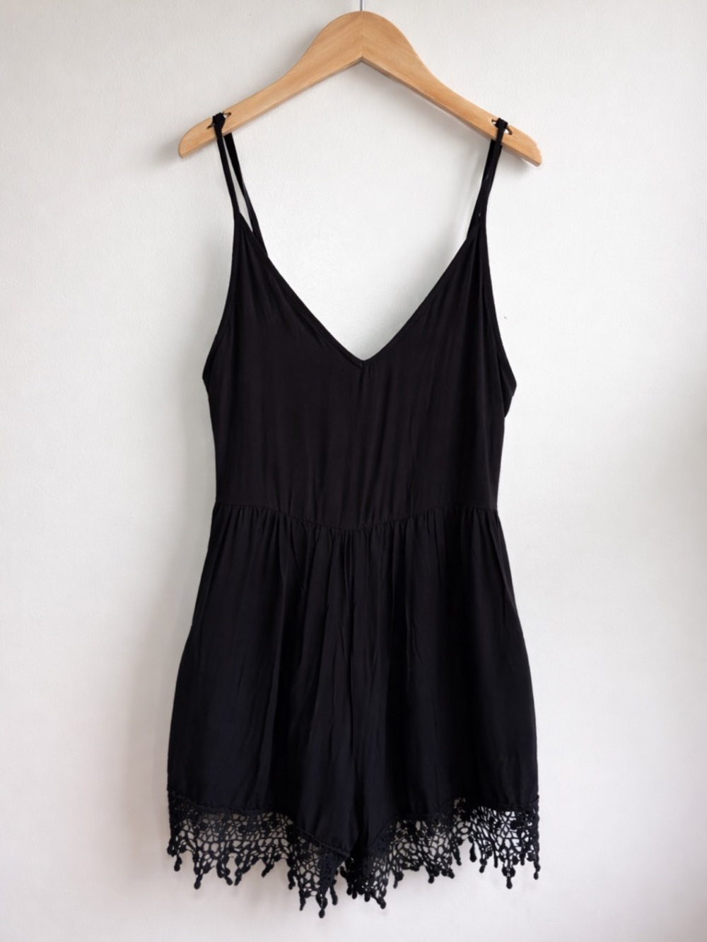 Black Crochet Hem Spaghetti Strap Romper
